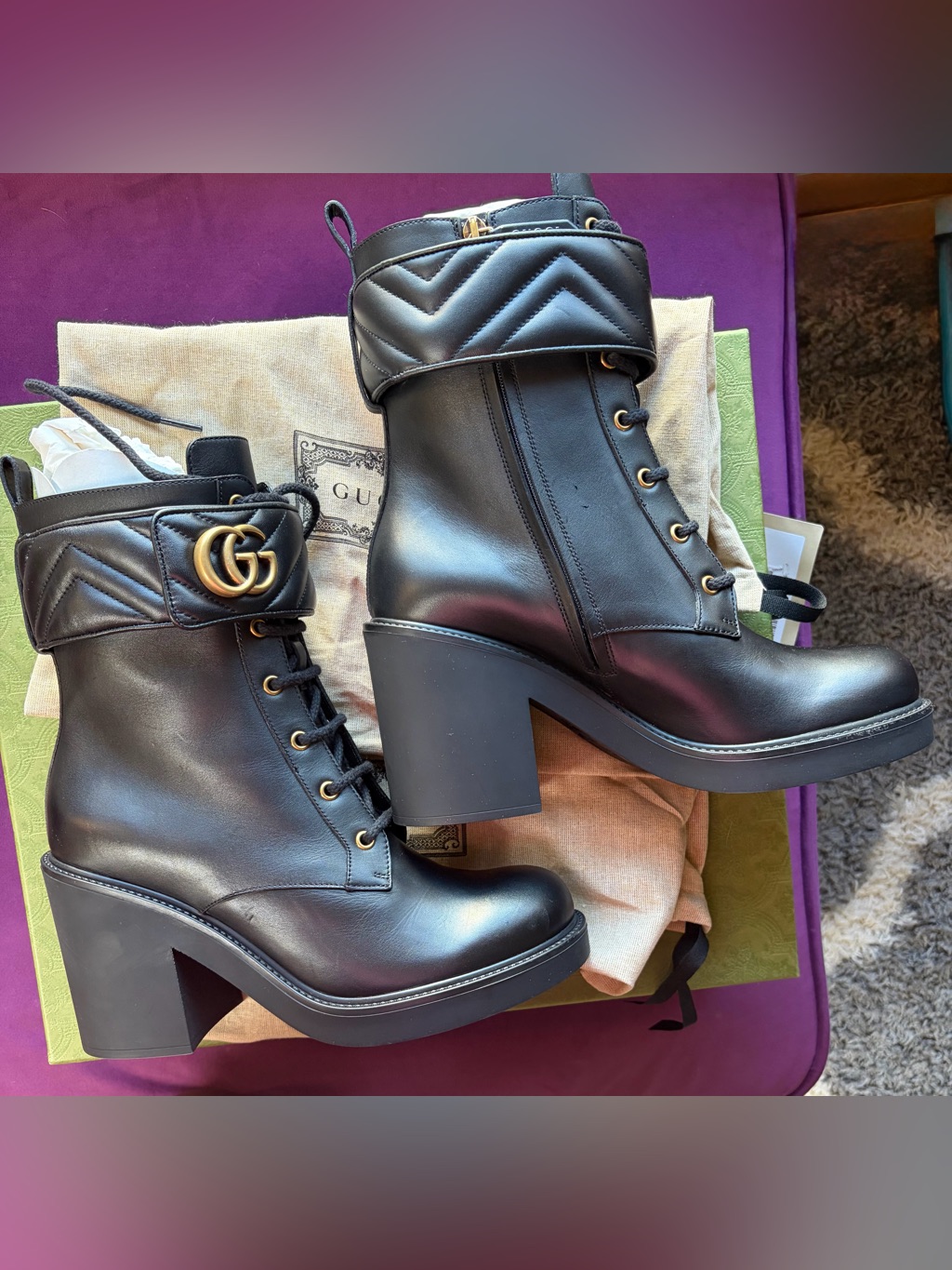 Gucci Black Quilted Cuff Lace-Up Block Heel Boots With Gold Gg